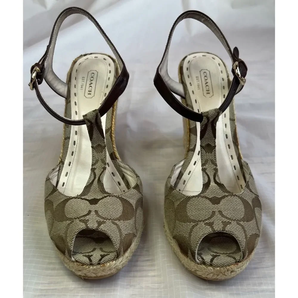 Coach Brown Jacquard Fabric Logo Peep Toe Sling back Wedge Shoe Sz 9